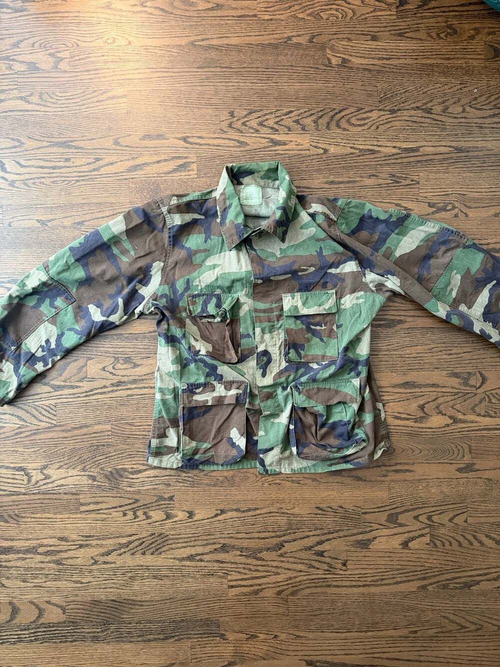 Vintage 1983 Cold War Era US Military BDU Coat Woodland Camo Jacket XL Regular